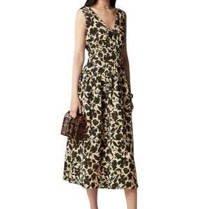 J Crew Tall Hyacinth V Neck Midi Dress Crepe de Chine Black Tan Floral Large